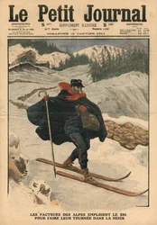 Alpejscy listonosze używający nart podczas obchodów na śniegu, ilustracja z „Le Petit Journal”, dodatek ilustr., 15 stycznia 1911
